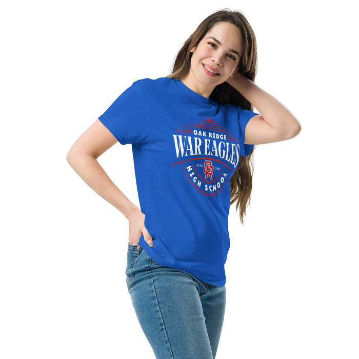 Woman wearing Oak Ridge High School War Eagles Royal Blue Classic Unisex T-shirt 211