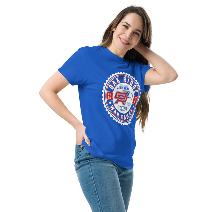 Woman wearing Oak Ridge High School War Eagles Royal Blue Classic Unisex T-shirt 203