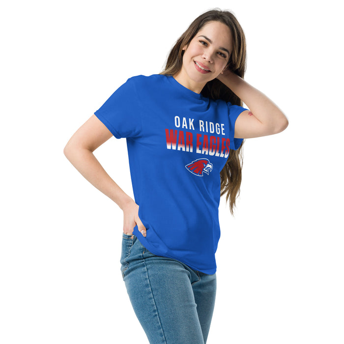 Woman wearing Oak Ridge High School War Eagles Royal Blue Classic Unisex T-shirt 024