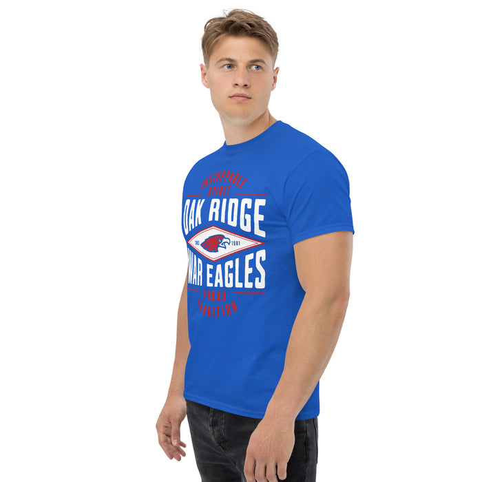 Man wearing Oak Ridge High School War Eagles Royal Blue Classic Unisex T-shirt 210