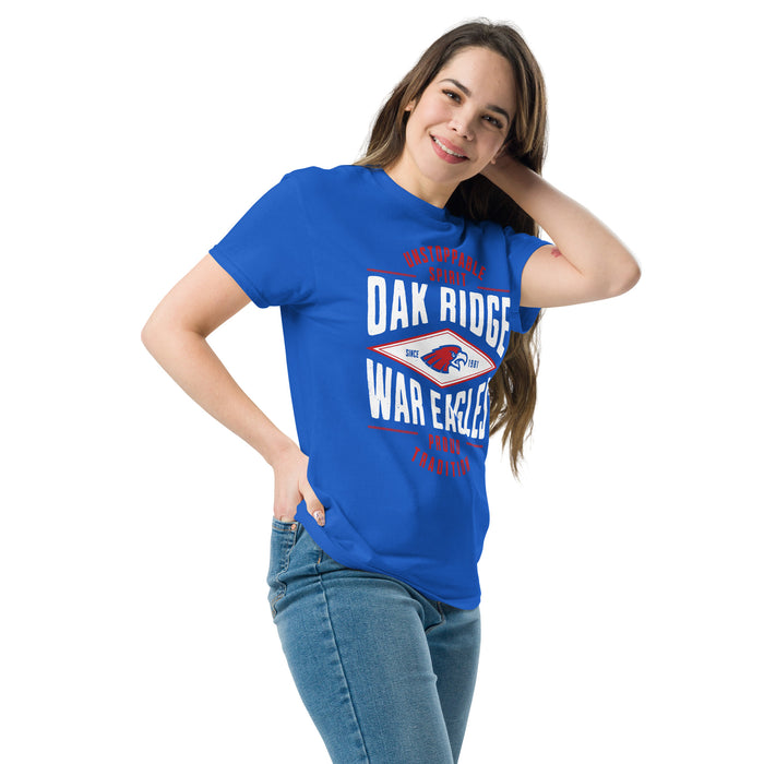 Woman wearing Oak Ridge High School War Eagles Royal Blue Classic Unisex T-shirt 210