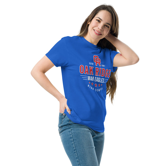 Woman wearing Oak Ridge High School War Eagles Royal Blue Classic Unisex T-shirt 217