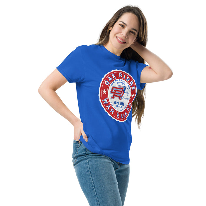 Woman wearing Oak Ridge High School War Eagles Royal Blue Classic Unisex T-shirt 216