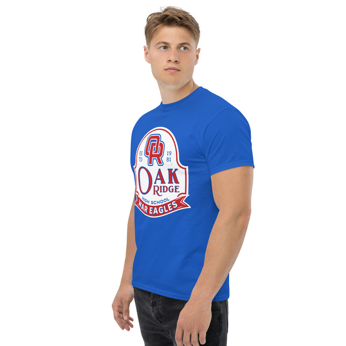 Man wearing Oak Ridge High School War Eagles Royal Blue Classic Unisex T-shirt 219