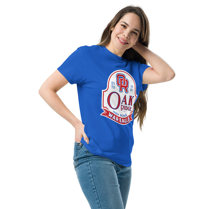 Woman wearing Oak Ridge High School War Eagles Royal Blue Classic Unisex T-shirt 219