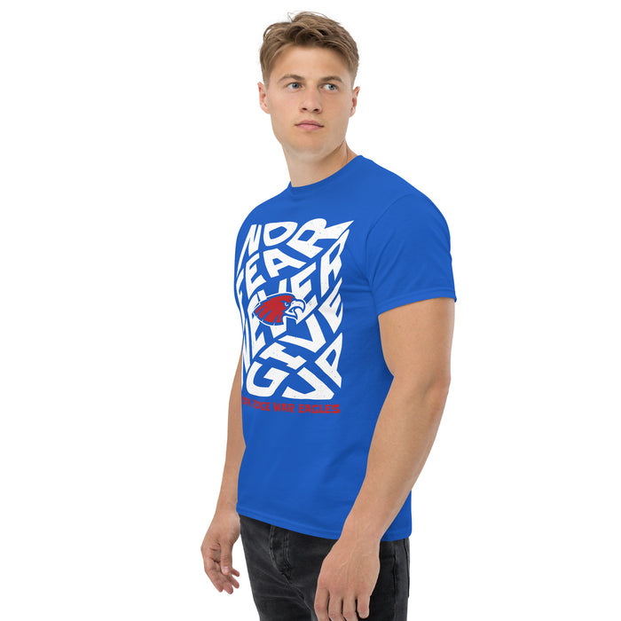 Man wearing Oak Ridge High School War Eagles Royal Blue Classic Unisex T-shirt 236