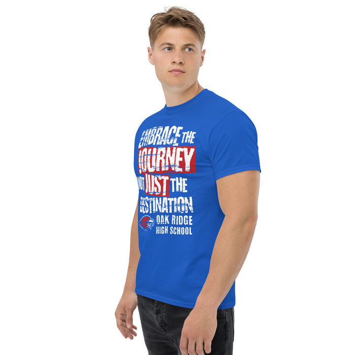 Man wearing Oak Ridge High School War Eagles Royal Blue Classic Unisex T-shirt 232
