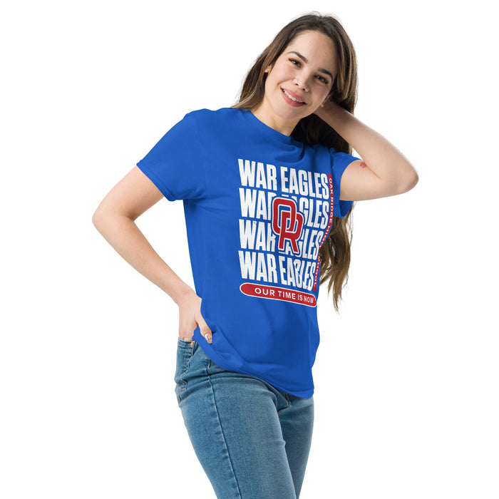 Woman wearing Oak Ridge High School War Eagles Royal Blue Classic Unisex T-shirt 235
