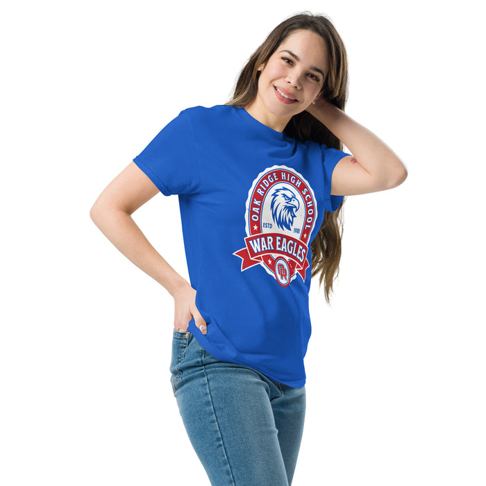 Woman wearing Oak Ridge High School War Eagles Royal Blue Classic Unisex T-shirt 212