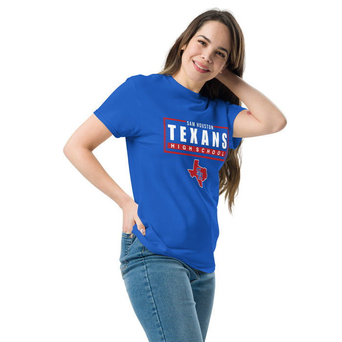 Woman wearing Sam Houston High School Texans Royal Blue Classic Unisex T-shirt 049