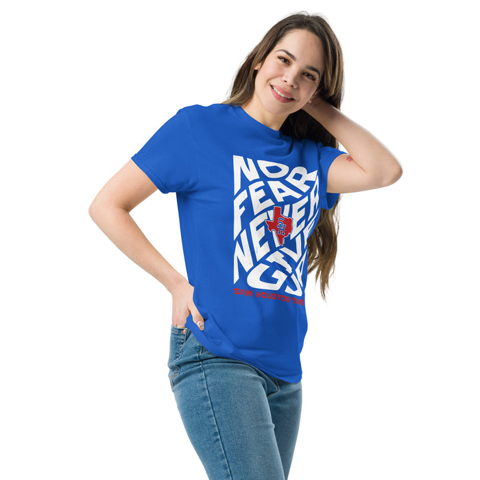 Woman wearing Sam Houston High School Texans Royal Blue Classic Unisex T-shirt 236