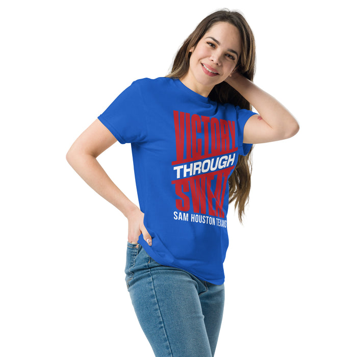 Woman wearing Sam Houston High School Texans Royal Blue Classic Unisex T-shirt 241