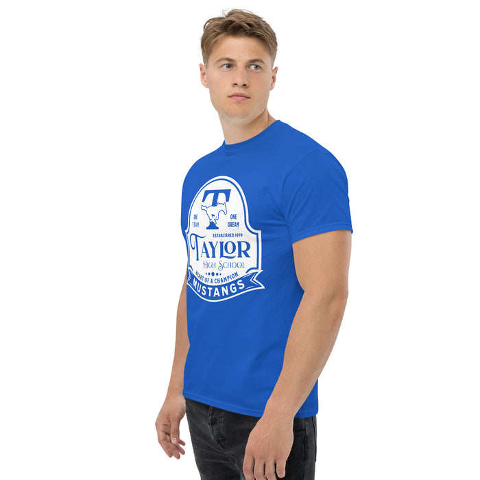 Man wearing Taylor High School Mustangs Royal Blue Classic Unisex T-shirt 219