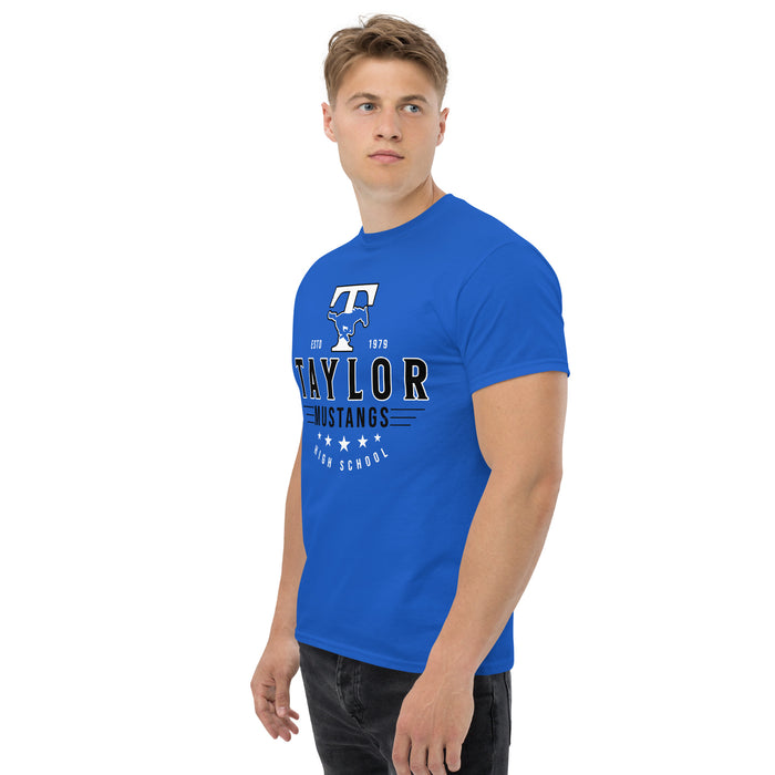 Man wearing Taylor High School Mustangs Royal Blue Classic Unisex T-shirt 217
