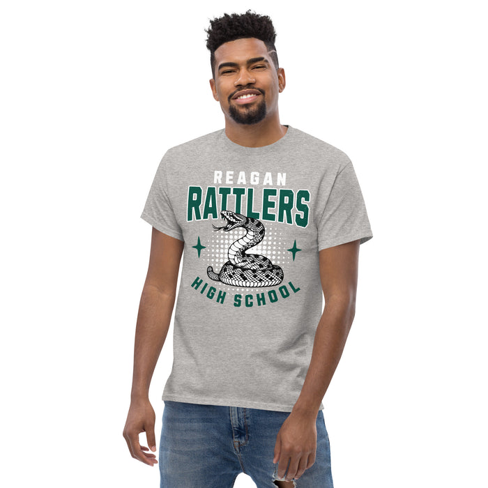 Man wearing Reagan High School Rattlers Grey Classic Unisex T-shirt 204