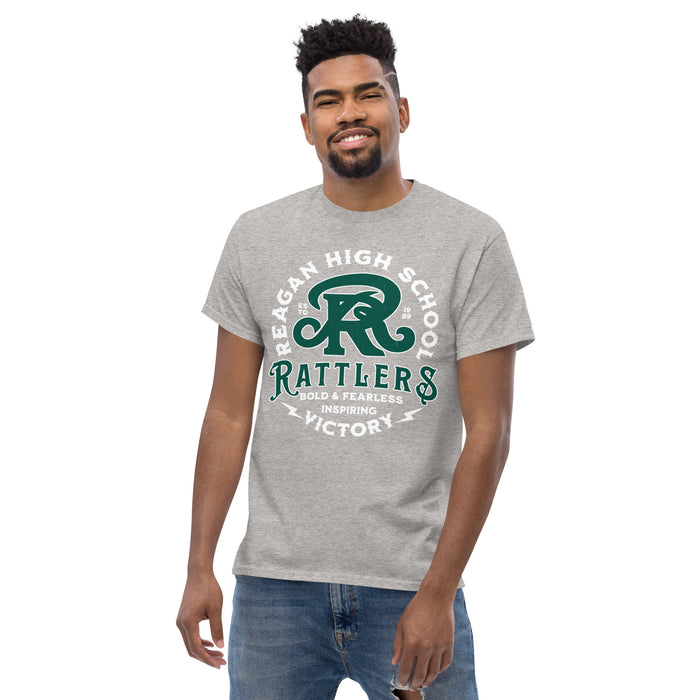 Man wearing Reagan High School Rattlers Grey Classic Unisex T-shirt 206