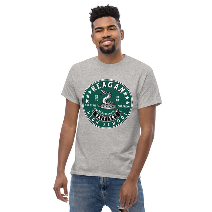 Man wearing Reagan High School Rattlers Grey Classic Unisex T-shirt 215