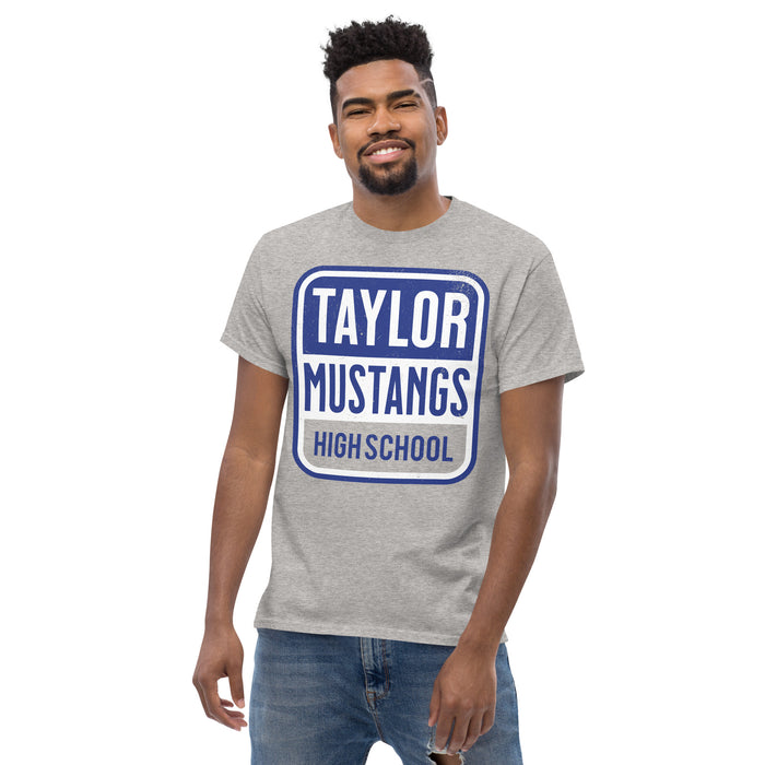 Man wearing Taylor High School Mustangs Grey Classic Unisex T-shirt 001