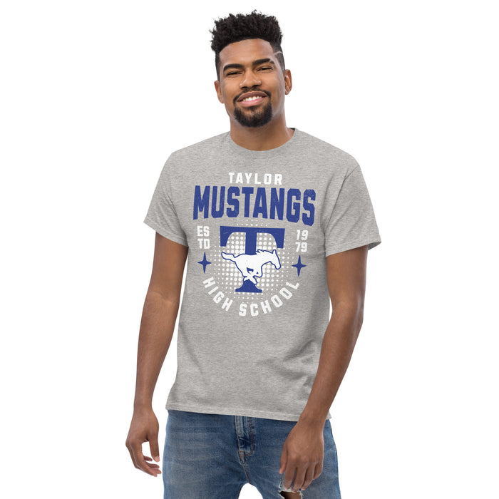 Man wearing Taylor High School Mustangs Grey Classic Unisex T-shirt 204