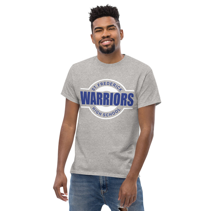 Man wearing St. Frederick High School Warriors Grey Classic Unisex T-shirt 011