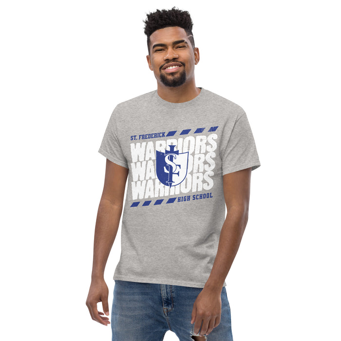 Man wearing St. Frederick High School Warriors Grey Classic Unisex T-shirt 223