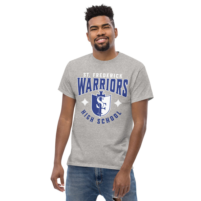 Man wearing St. Frederick High School Warriors Grey Classic Unisex T-shirt 213