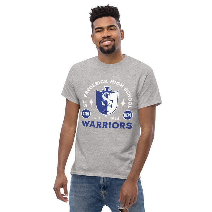 Man wearing St. Frederick High School Warriors Grey Classic Unisex T-shirt 208