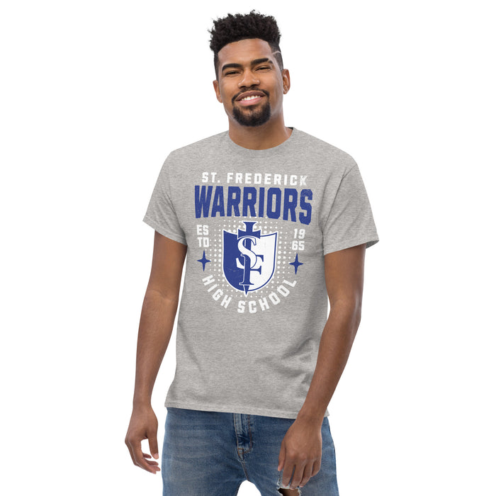 Man wearing St. Frederick High School Warriors Grey Classic Unisex T-shirt 204