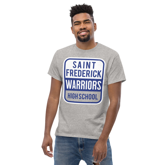 Man wearing St. Frederick High School Warriors Grey Classic Unisex T-shirt 001