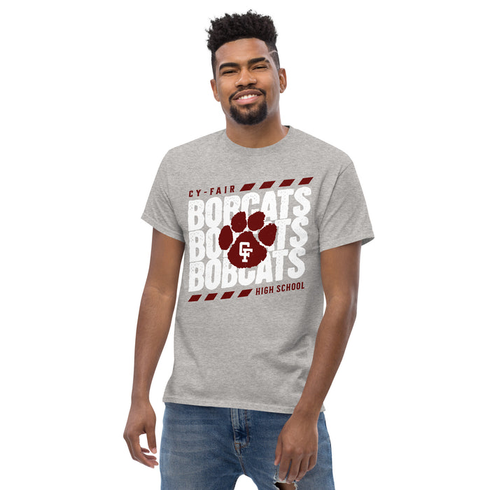 Man wearing Cy-Fair High School Bobcats Sport Grey Classic Unisex T-shirt 223