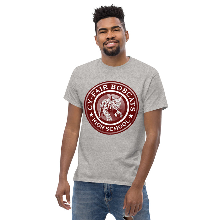 Man wearing Cy-Fair High School Bobcats Sport Grey Classic Unisex T-shirt 222