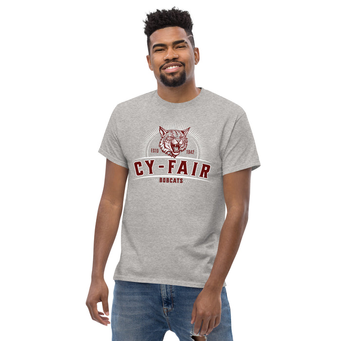 Man wearing Cy-Fair High School Bobcats Sport Grey Classic Unisex T-shirt 221