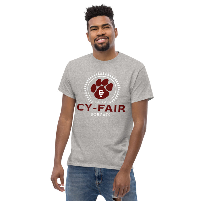 Man wearing Cy-Fair High School Bobcats Sport Grey Classic Unisex T-shirt 226