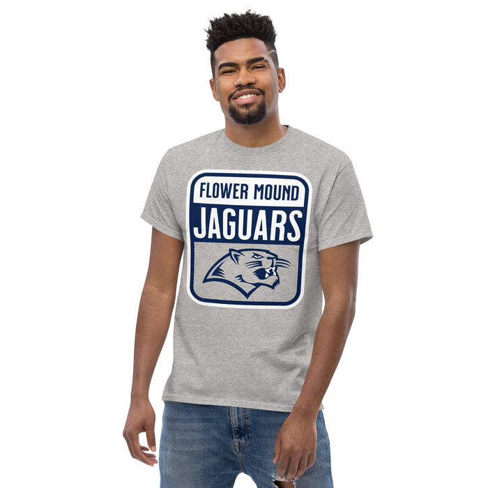 Man wearing Flower Mound High School Jaguars Sport Grey Classic Unisex T-shirt 001