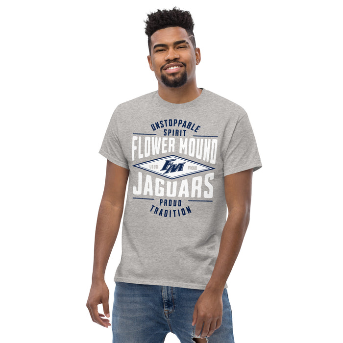Man wearing Flower Mound High School Jaguars Sport Grey Classic Unisex T-shirt 210