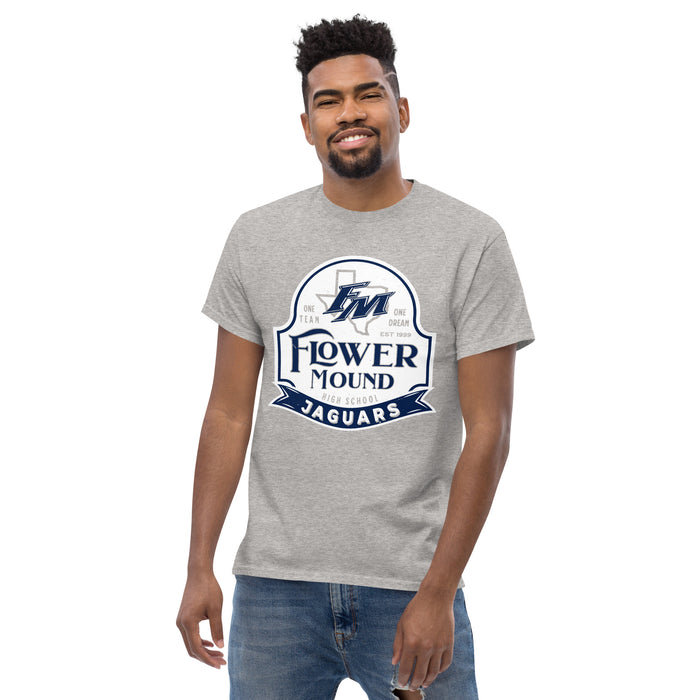 Man wearing Flower Mound High School Jaguars Sport Grey Classic Unisex T-shirt 219
