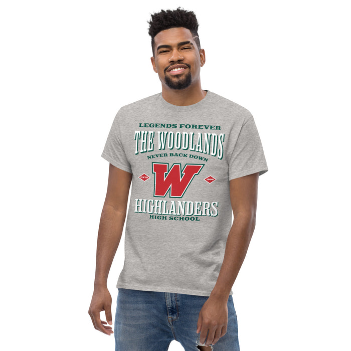 Front view of The Woodlands High School Highlanders Sport Grey Classic Unisex T-shirt 230
