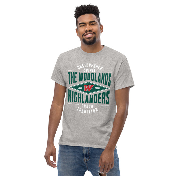 Front view of The Woodlands High School Highlanders Sport Grey Classic Unisex T-shirt 210