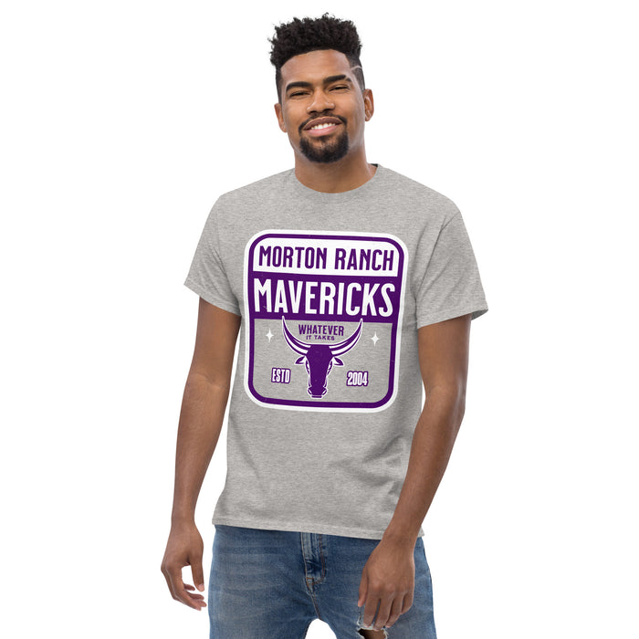 Front view of Morton Ranch High School Mavericks Grey Classic Unisex T-shirt 001