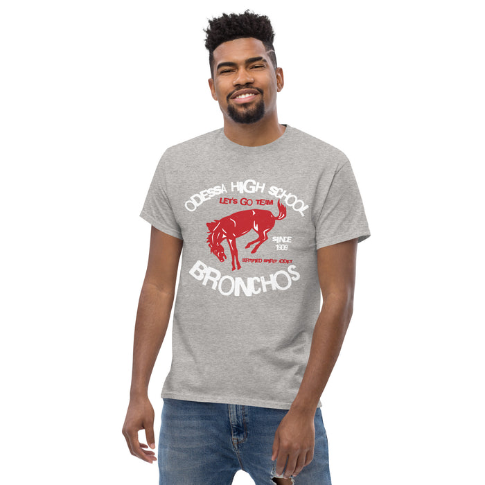 Man wearing Odessa High School Bronchos Grey Classic Unisex T-shirt 228