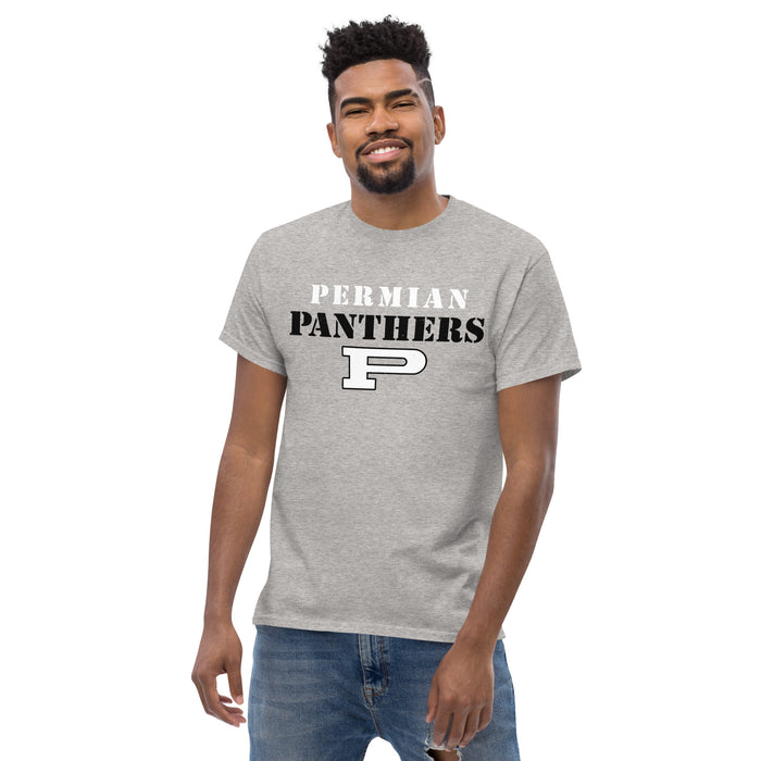 Front view of Permian High School Panthers Grey Classic Unisex T-shirt 017