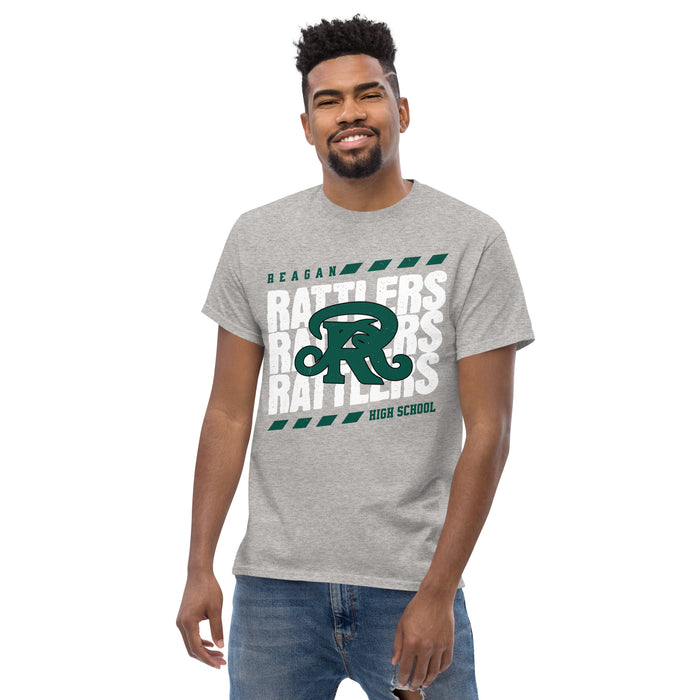 Man wearing Reagan High School Rattlers Grey Classic Unisex T-shirt 223