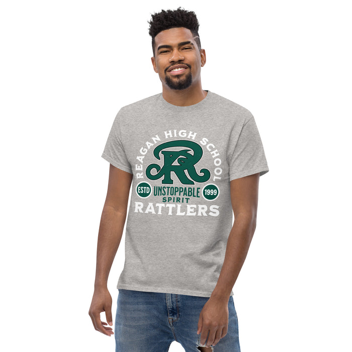 Front view of Reagan High School Rattlers Grey Classic Unisex T-shirt 208