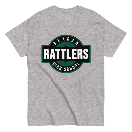 Gray t-shirt with 'Reagan Rattlers High School' logo on a white background - classic t-shirt design 011