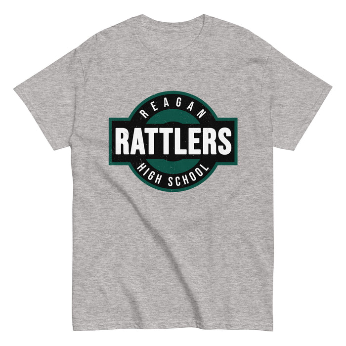 Gray t-shirt with 'Reagan Rattlers High School' logo on a white background - classic t-shirt design 011