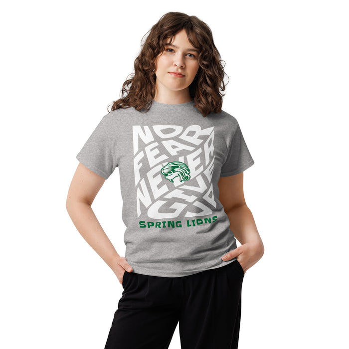 Female student wearing Spring High School Lions Grey Classic Unisex T-shirt 236