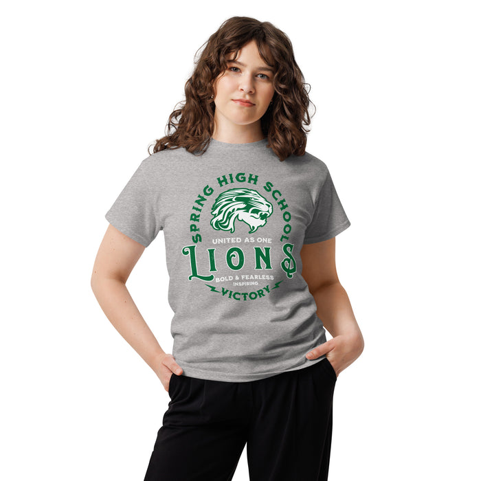 Woman wearing Spring High School Lions Grey Classic Unisex T-shirt 206