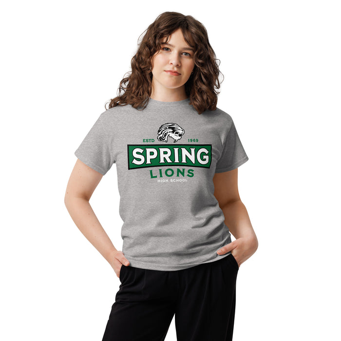 Woman wearing Spring High School Lions Grey Classic Unisex T-shirt 202