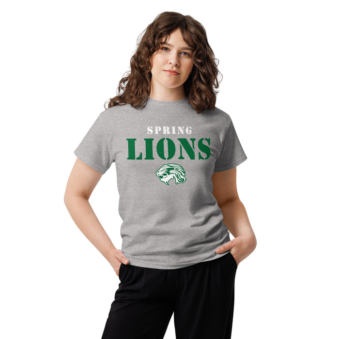 Woman wearing Spring High School Lions Grey Classic Unisex T-shirt 017