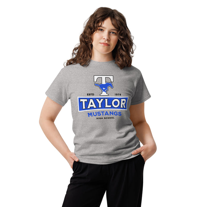 Woman wearing Taylor High School Mustangs Grey Classic Unisex T-shirt 202